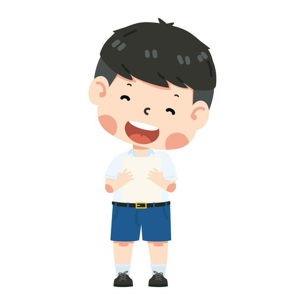 Happy boy student holding paper sheet vector