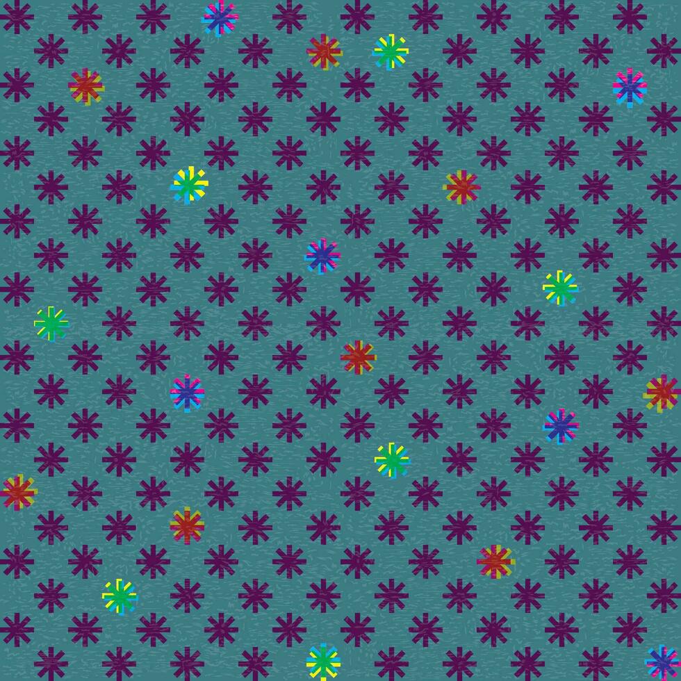 Seamless abstract asterisk shape CMYK colors overlap transparent with risograph effect on blue background. vector