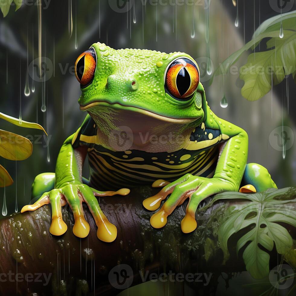 Frog on leaf. Close-up of an tree frog. AI generative photo