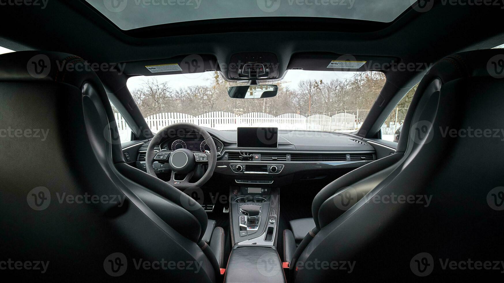 Inside moden car background, luxury car interior elements wallpaper. Black leather car interior photo