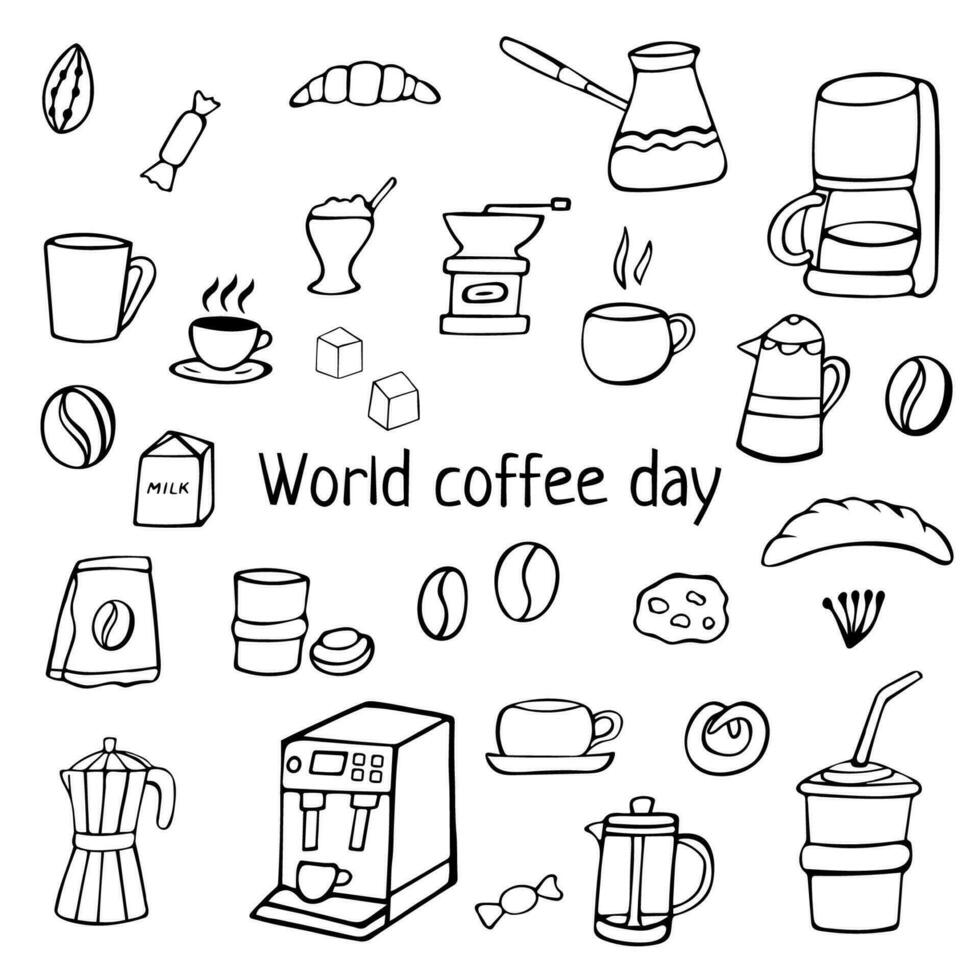 Doodle world coffee day, hand drawn coffee background vector