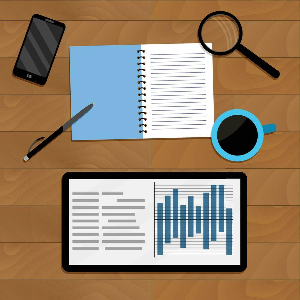 Infochart analysis on office desk with coffee, vector chart organization finance illustration