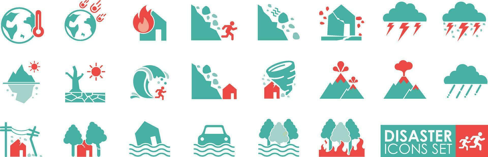 Set of disaster icons, Containing avalanches, earthquakes, volcanoes, tsunamis, sinking, hurricanes, deserts, floods, destruction. Vector Solid icon style.