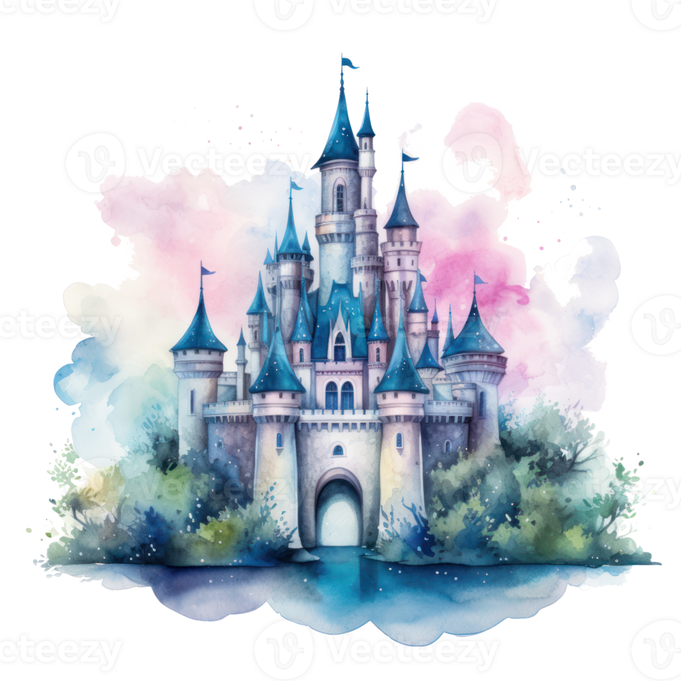 Watercolor princess castle isolated png