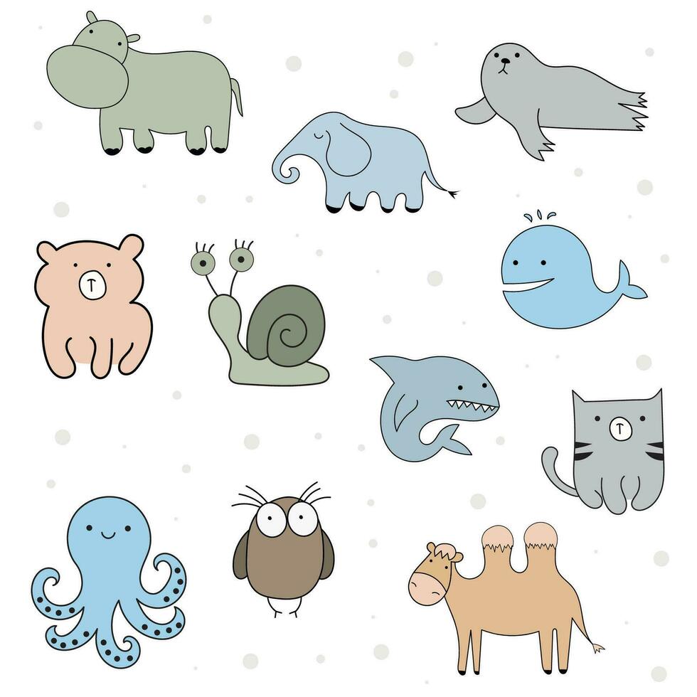 Vector cartoon big set of cute doodle animals