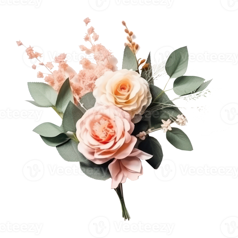 Blossoming flower bouquet of roses and euca isolated. png