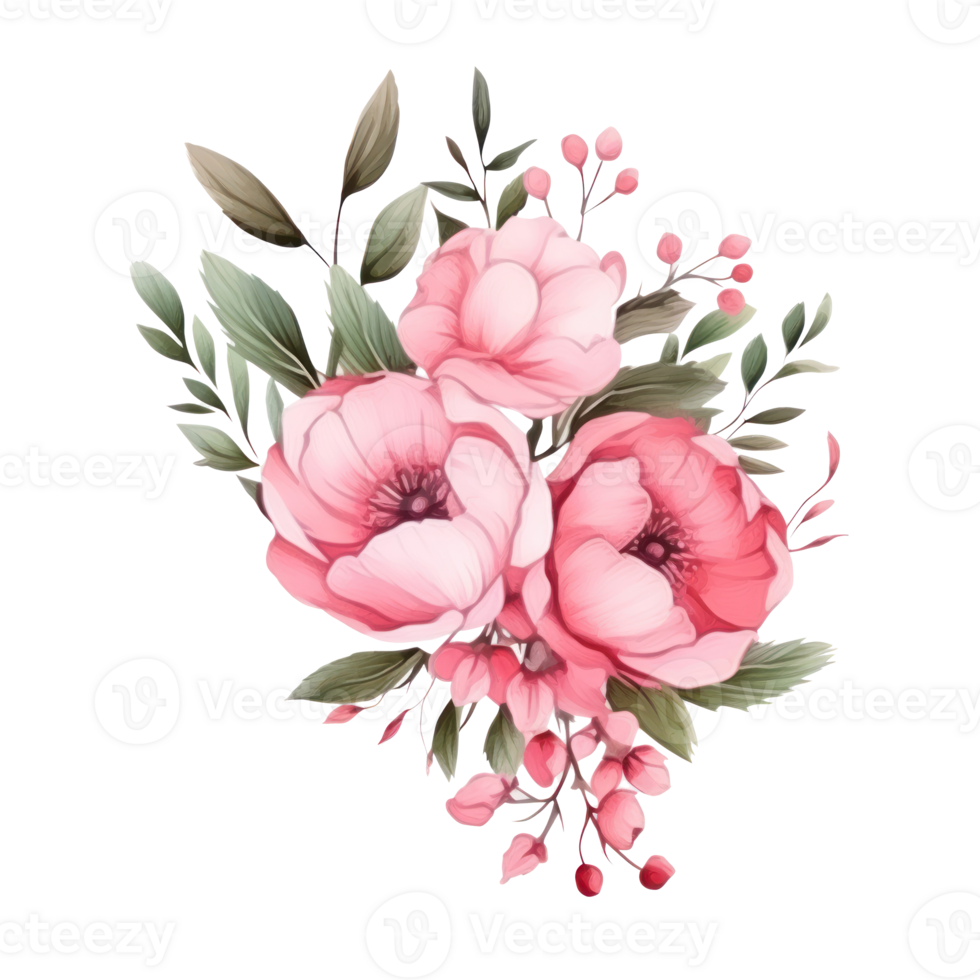 Watercolors pink flower bouquets leaf branches isolated png