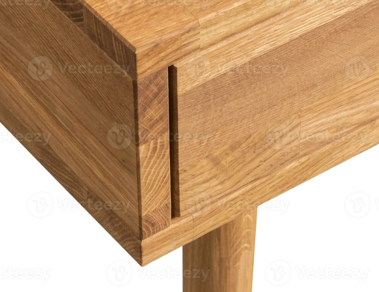 Wooden table corner with drawer and leg close view photo, wooden furniture background photo