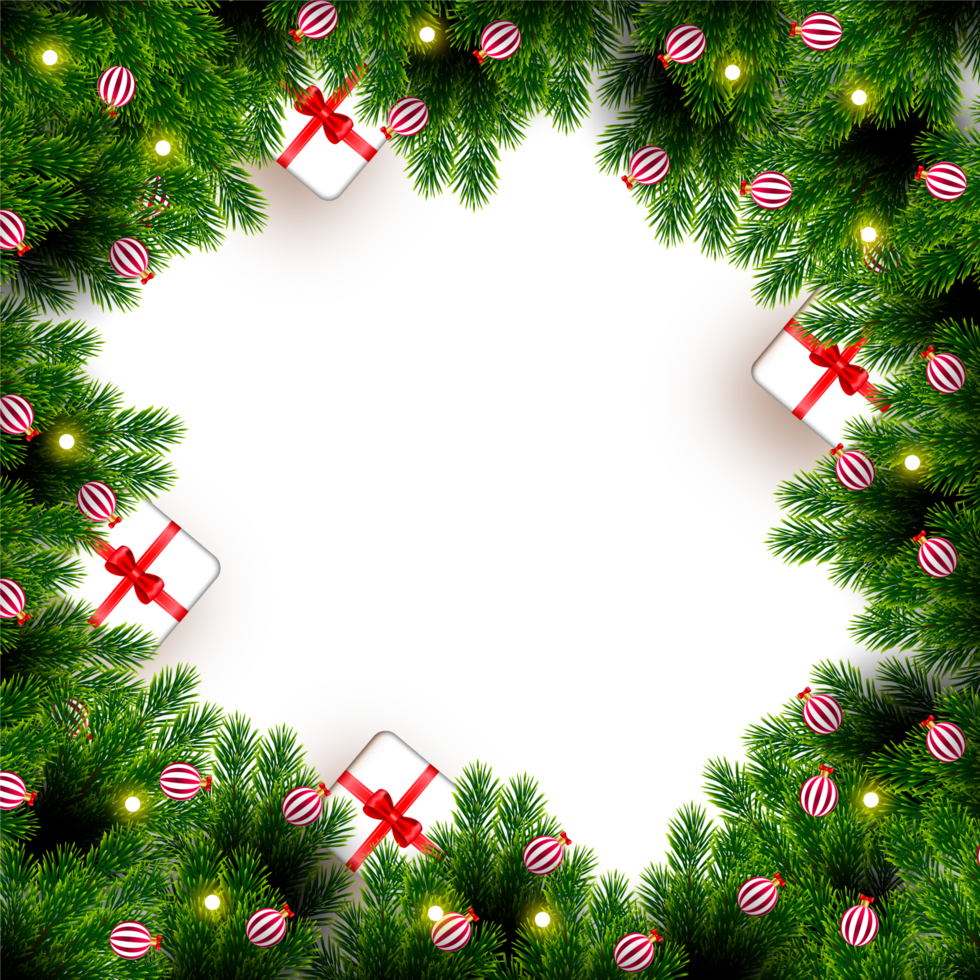 Christmas border decoration with pine branches Christmas ball gift balance and snowflex png