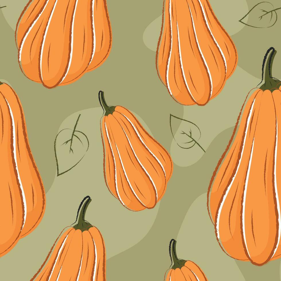 Autumn vector seamless pattern in warm colors. Pumpkin and the outlines of fallen leaves.