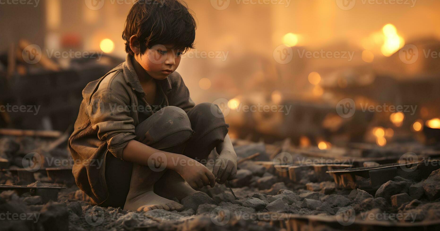 A underage Child is working on harsh condition world  day against child labor ai generative photo