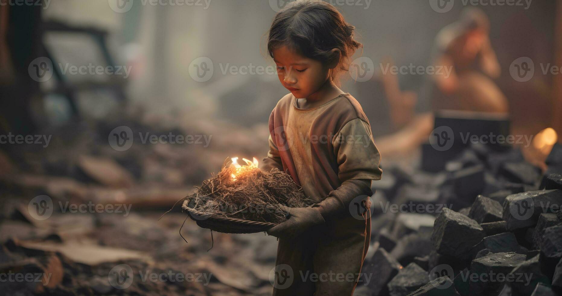 A underage Child is working on harsh condition world  day against child labor ai generative photo