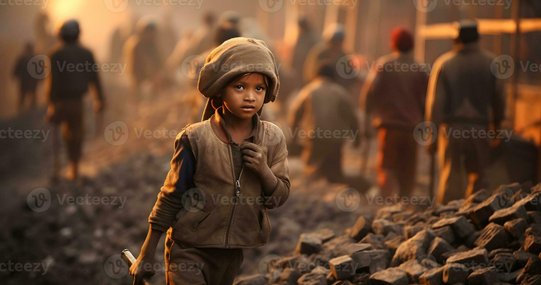 A underage Child is working on harsh condition world  day against child labor ai generative photo