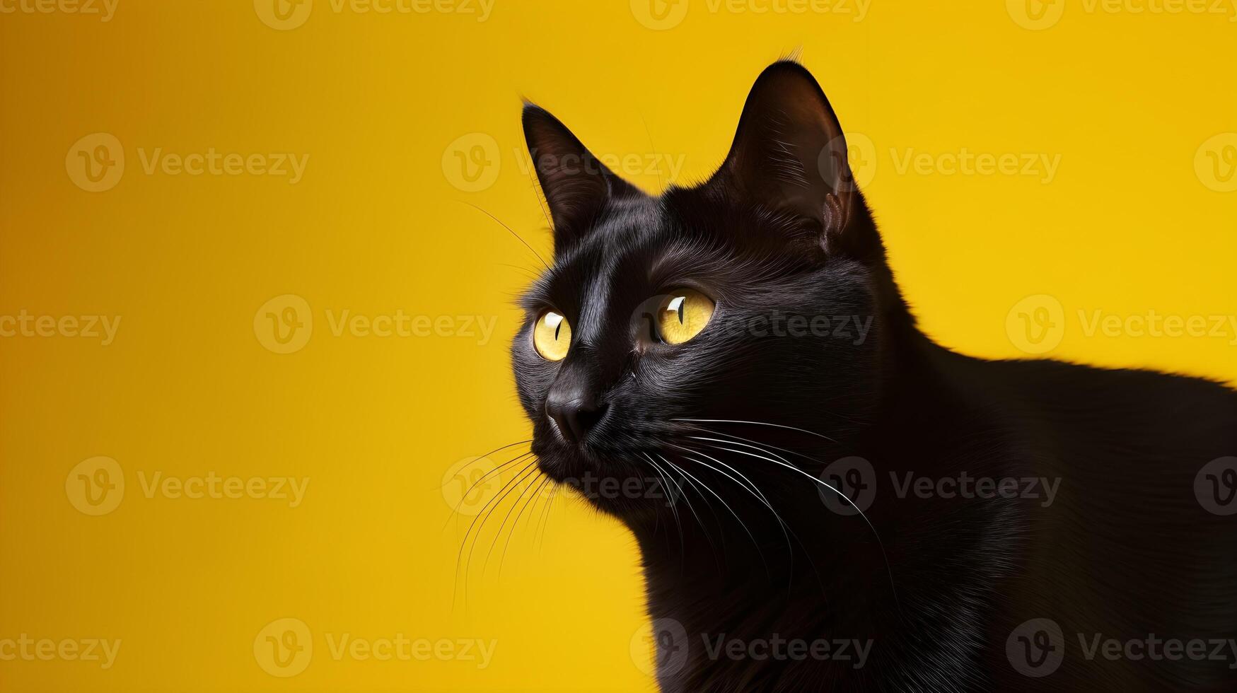 Cute furry black cat with yellow background photo