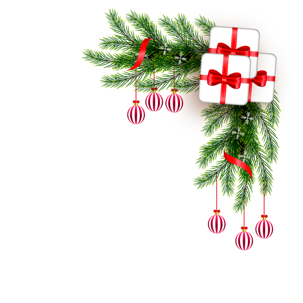 christmas corner  decoration with christmas ball,pine branch and snow flex png