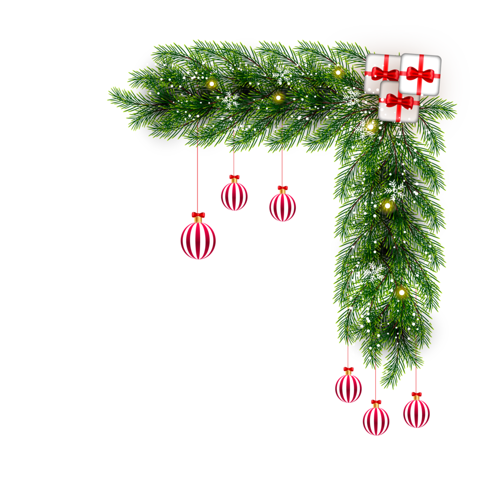 christmas corner  decoration with christmas ball,pine branch and snow flex png
