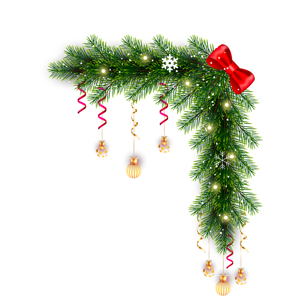 christmas corner  decoration with christmas ball,pine branch and snow flex png