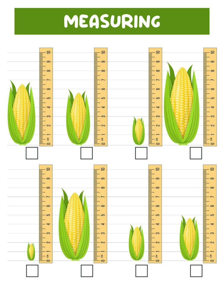 Measuring length  with ruler. Education developing worksheet. Game for kids.Vector illustration. practice sheets.Corn measurement in centimeters. vector
