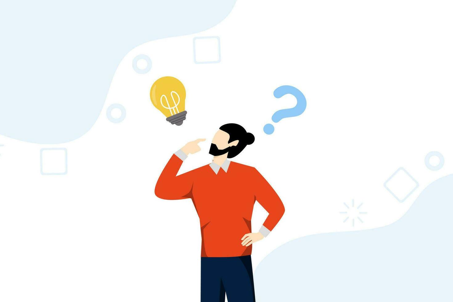 concept of solution to solve a problem, asking questions and answers, finding ideas, solving difficulties, businessman thinking of solutions to solving problems with light bulbs and question marks. vector