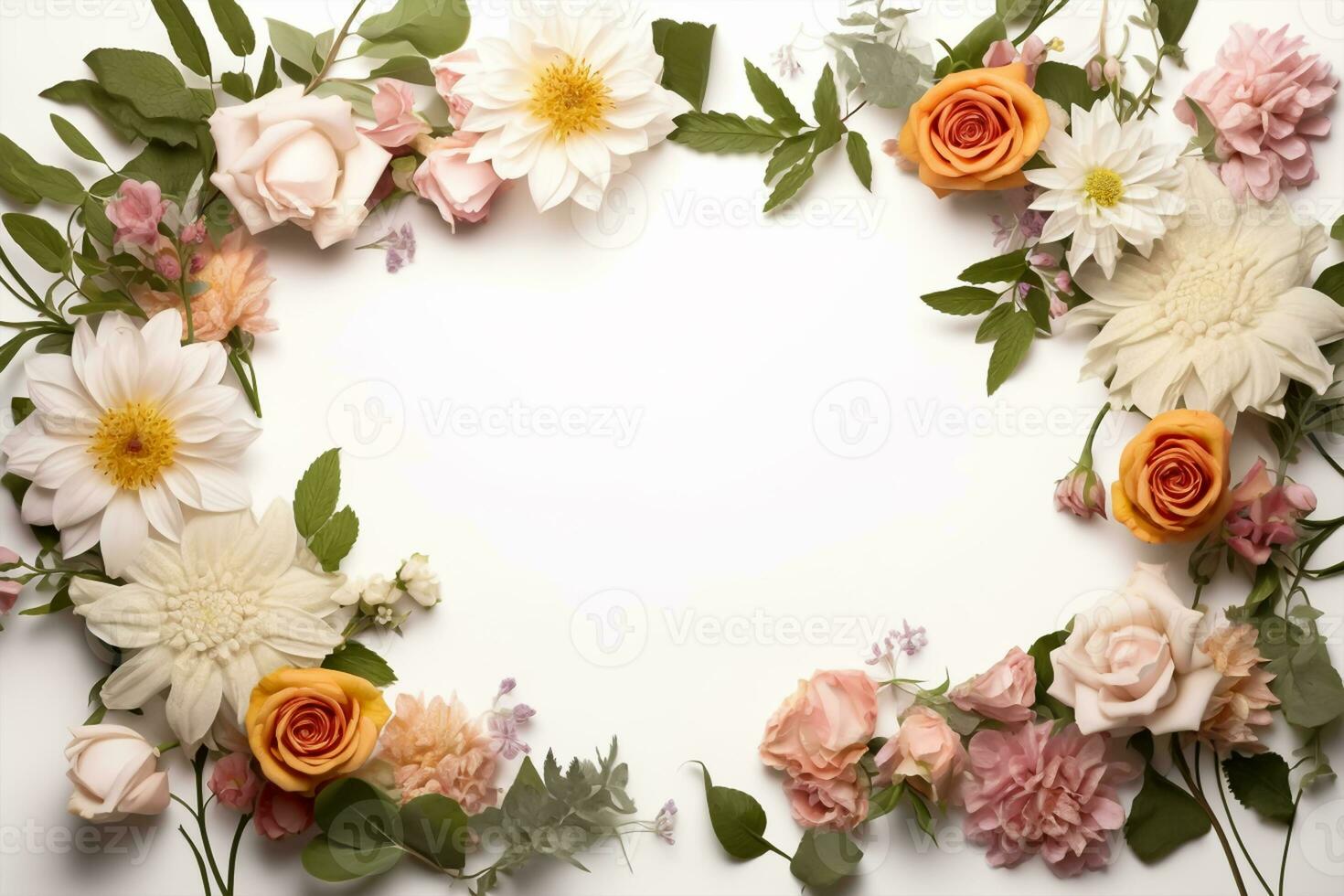 Beautiful floral frame on white background, flat lay. Space for text photo