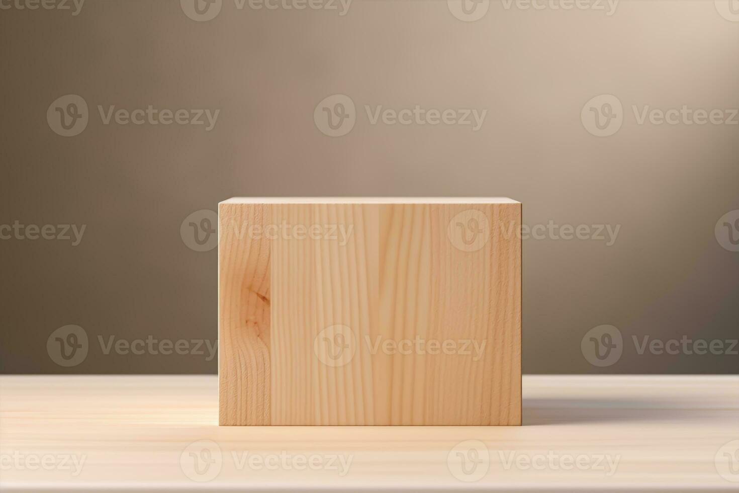 Wooden podium for product display on wooden table photo