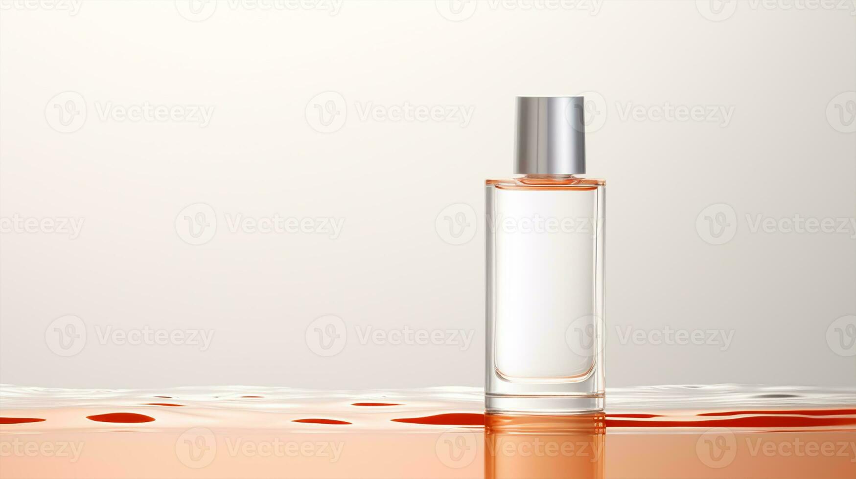 Perfume bottle with cherry blossoms on light background, closeup photo