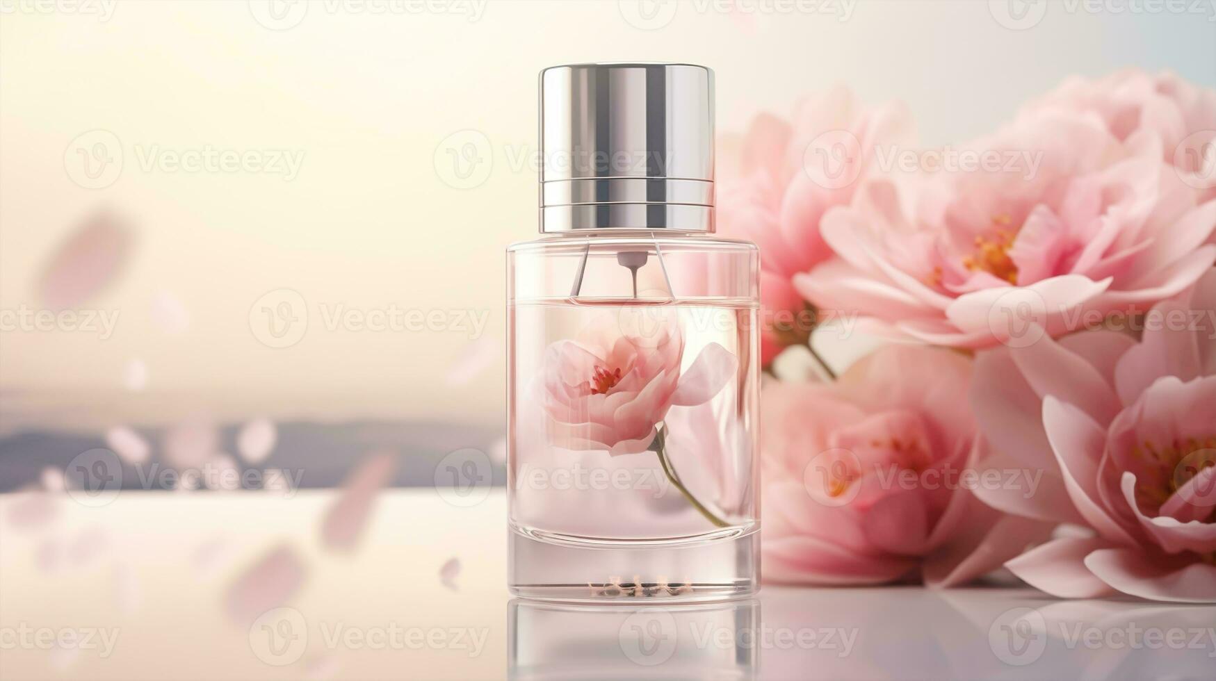 perfume botella con Cereza flores en ligero fondo, de cerca foto