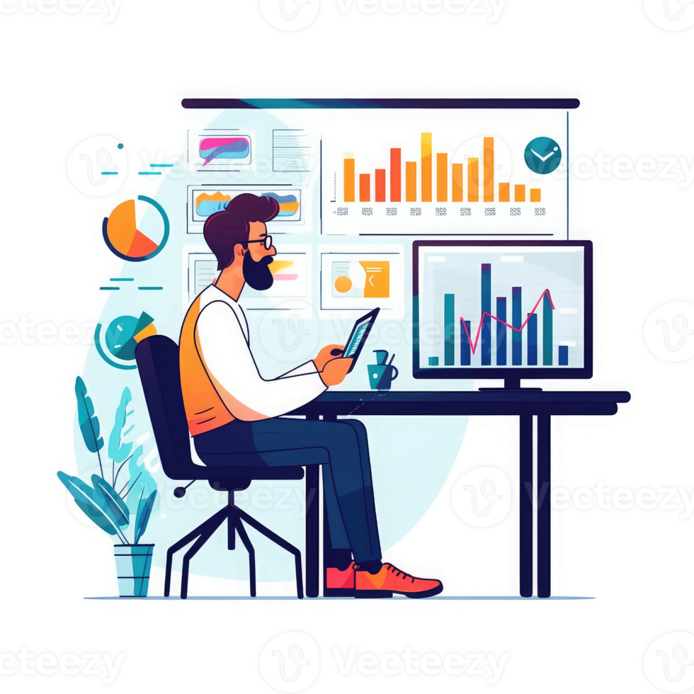 data analyst reviewing charts on a computer screen . AI Generated png