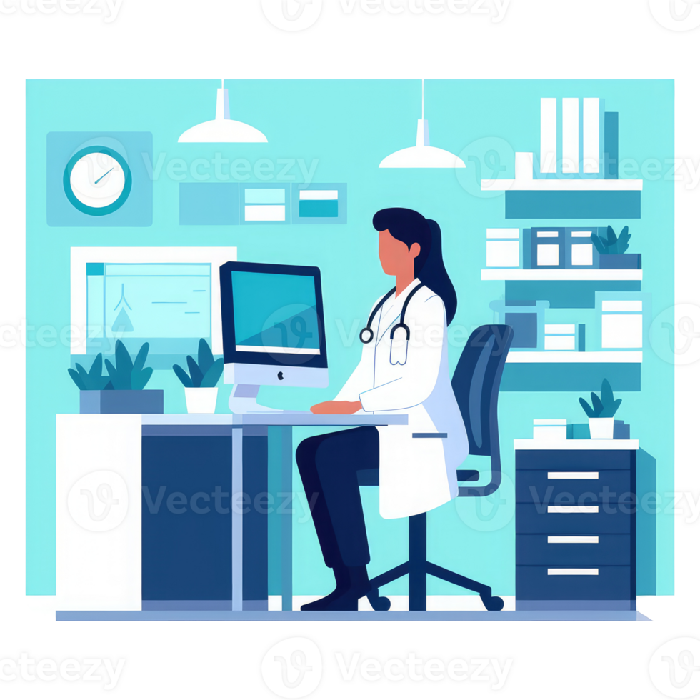 doctor's office with a desk working with a computer and medicine . AI Generated png