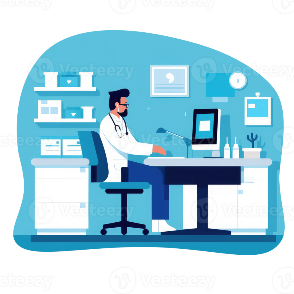 doctor's office with a desk working with a computer and medicine . AI Generated png