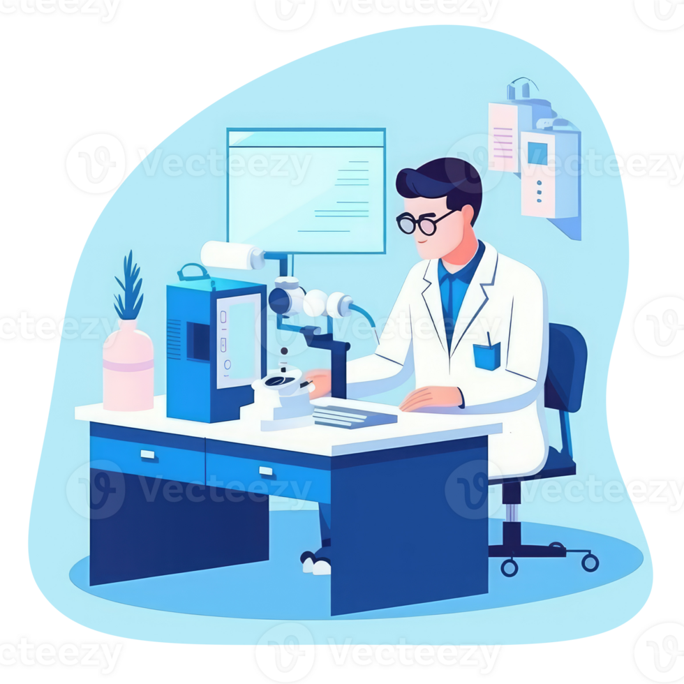 doctor's office with a desk working with a computer and medicine . AI Generated png