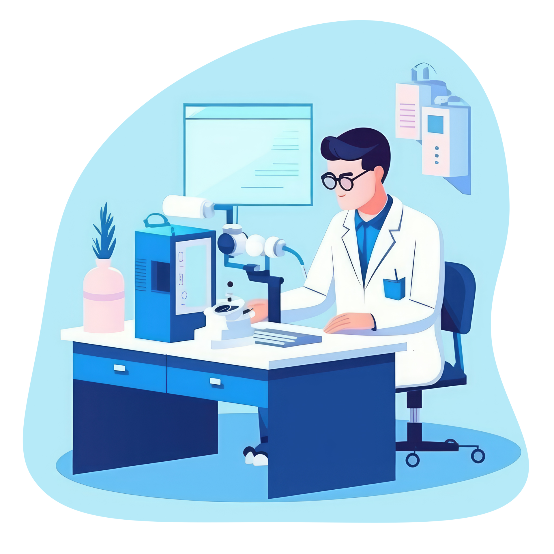 doctor's office with a desk working with a computer and medicine . AI