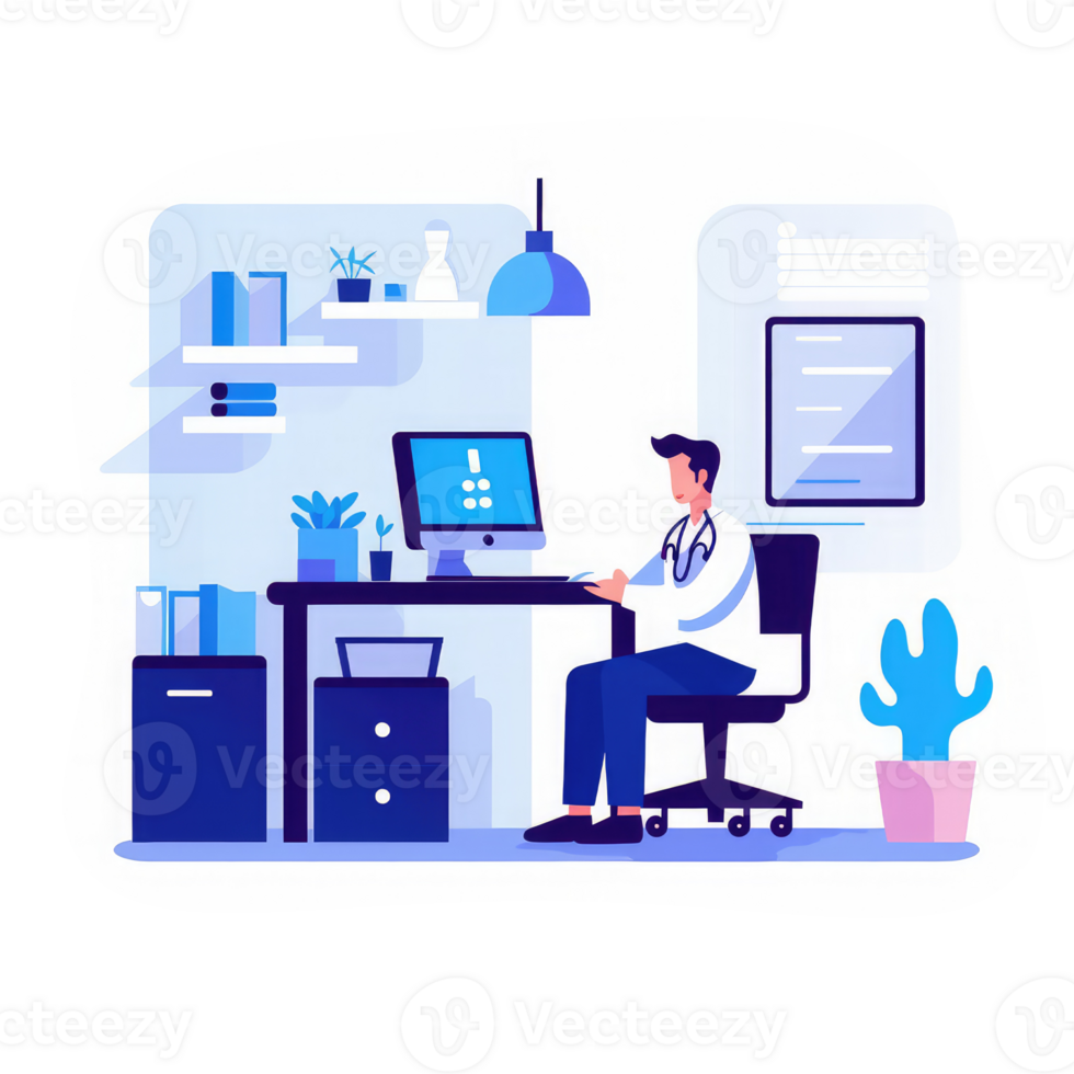 doctor's office with a desk working with a computer and medicine . AI Generated png