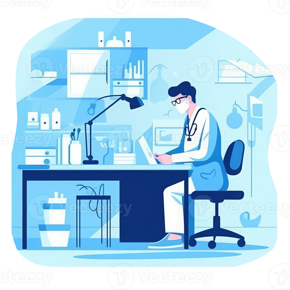doctor office with a desk working with a computer and medicine . AI Generated png
