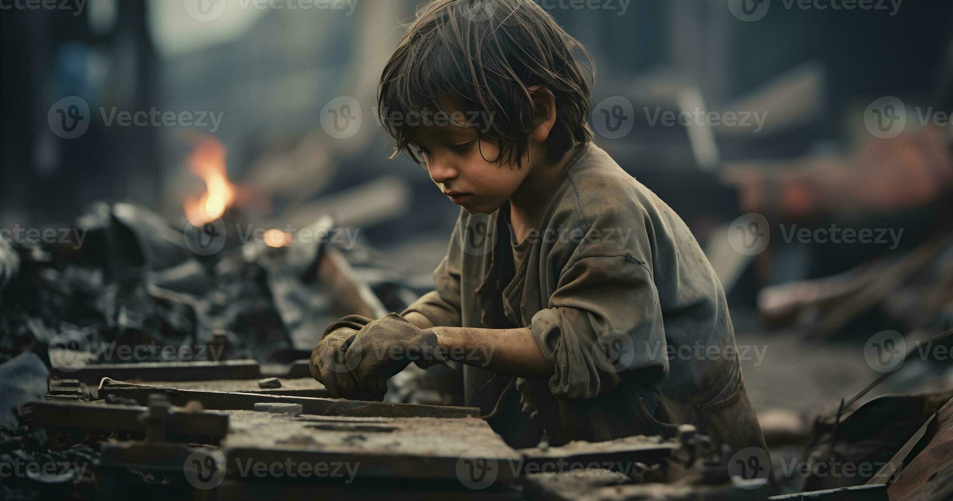 A underage Child is working on harsh condition world  day against child labor ai generative photo
