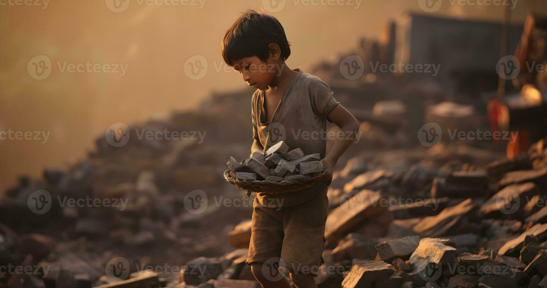 A underage Child is working on harsh condition world  day against child labor ai generative photo