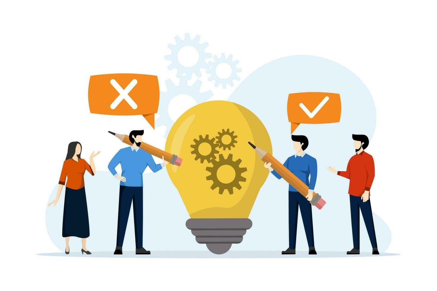 Teamwork start-up project innovation. New business marketing. teamwork in generating ideas or solutions in business. business innovation. Project planning idea. flat illustration on white background. vector