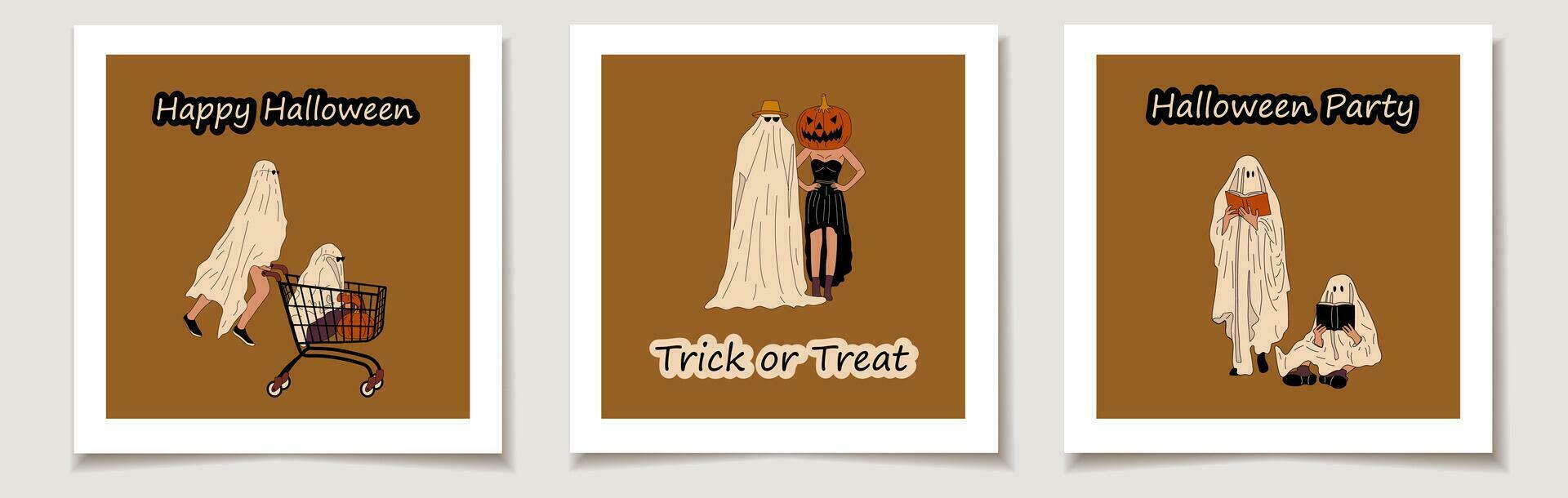 Set of Halloween cards with Set of three  Couple in Halloween costume. Ghos.  Greeting cards with Magic items. vector