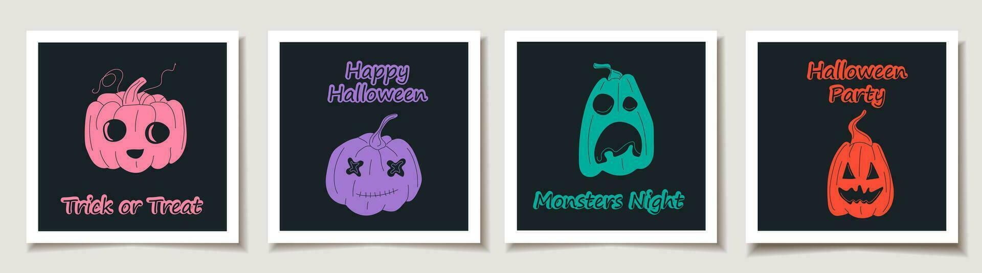 Set of Halloween cards with Set of four halloween pumpkins, funny faces. Greeting cards with Magic items. vector