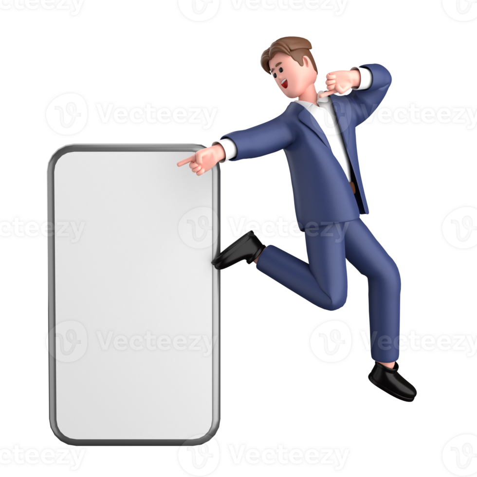 3d businessman executive pose wearing suit standing with blank screen mobile phone isolated on transparent background, 3d rendering png