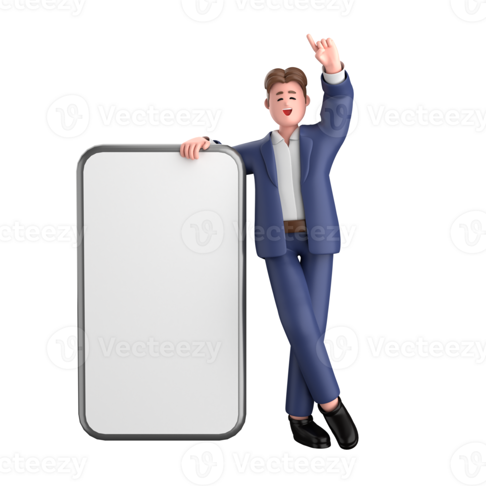 3d businessman executive pose wearing suit standing with blank screen mobile phone isolated on transparent background, 3d rendering png