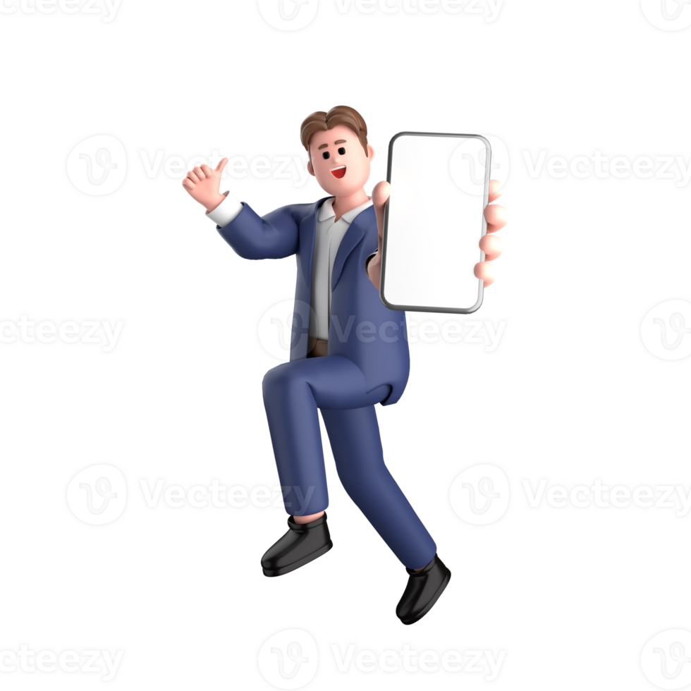 3d businessman executive pose wearing suit standing with blank screen mobile phone isolated on transparent background, 3d rendering png