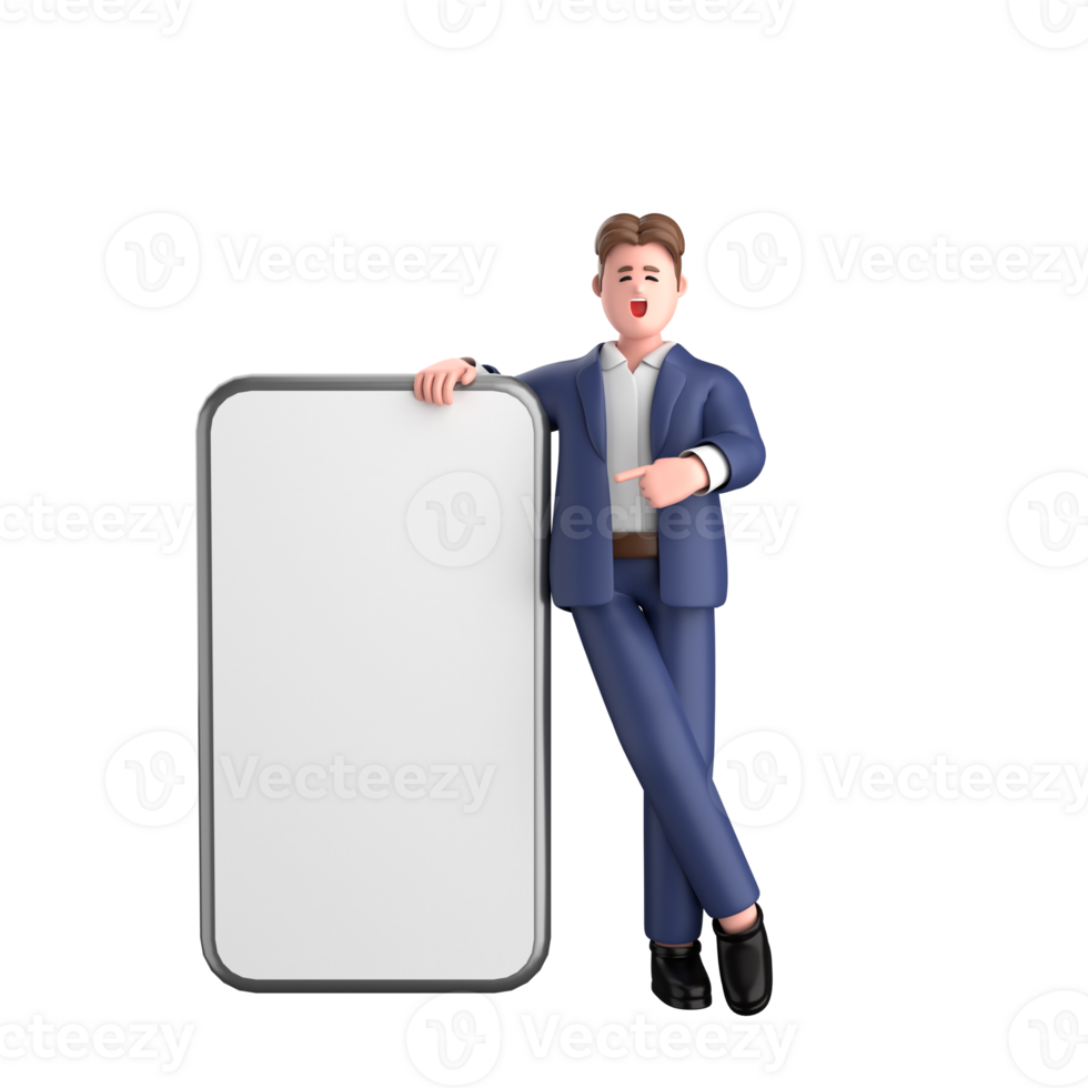 3d businessman executive pose wearing suit standing with blank screen mobile phone isolated on transparent background, 3d rendering png