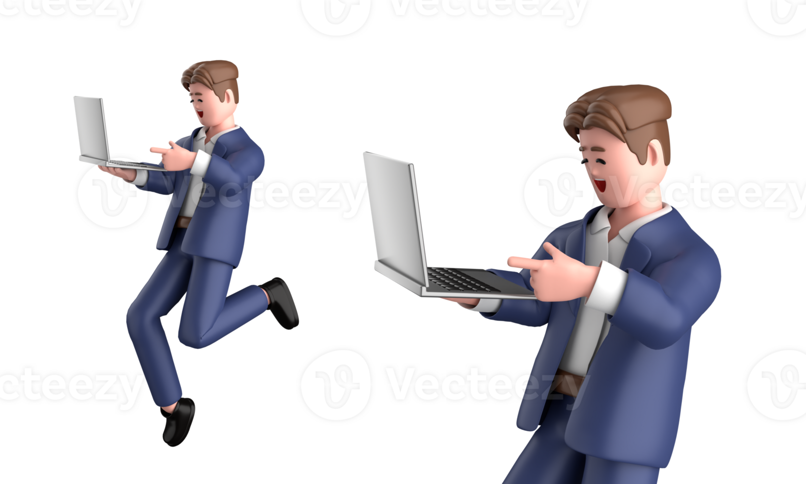 3d homem de negocios executivo pose vestindo terno em pé segurando uma computador portátil apontando publicidade isolado em branco fundo, 3d Renderização png