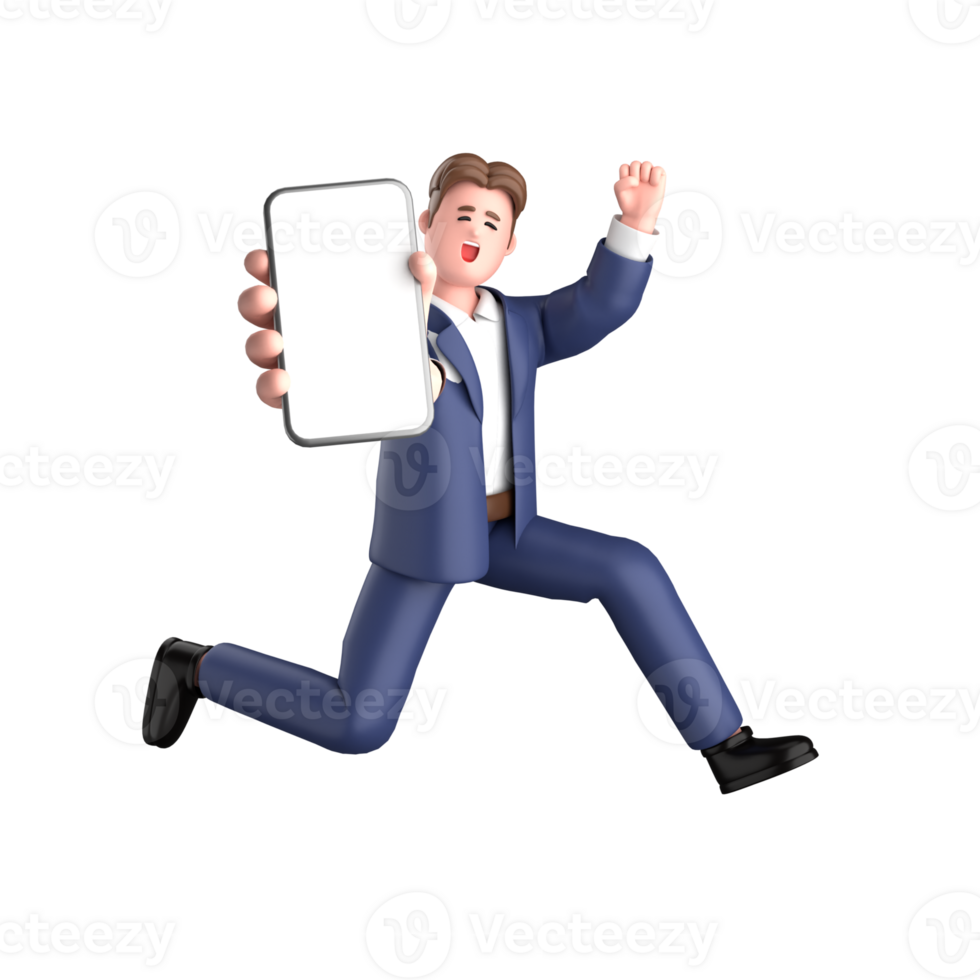 3d businessman executive pose wearing suit standing with blank screen mobile phone isolated on transparent background, 3d rendering png