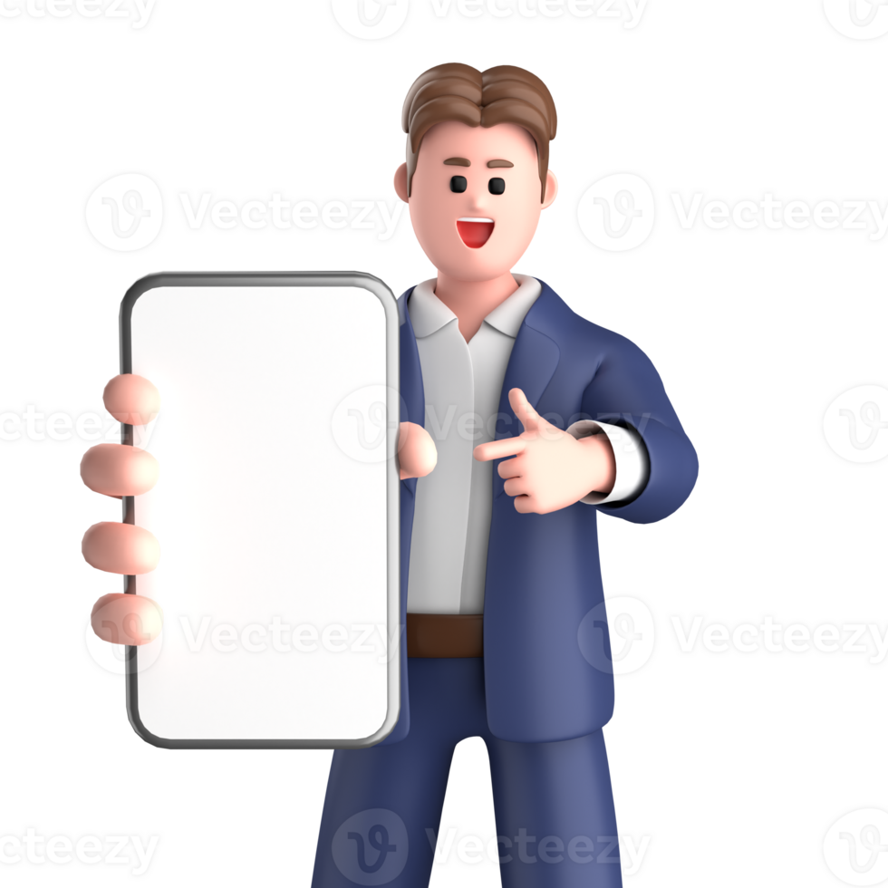 3d businessman executive pose wearing suit standing with blank screen mobile phone isolated on transparent background, 3d rendering png