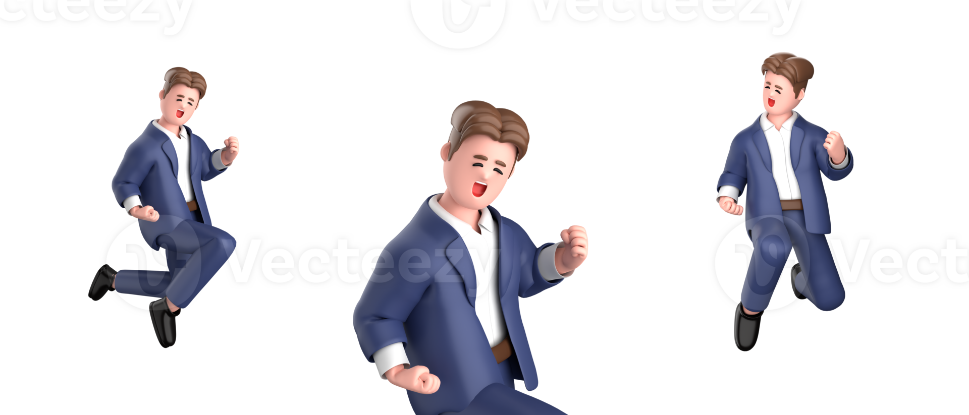 3d businessman executive  pose wearing suit standing holding a laptop pointing advertising isolated on white background, 3d rendering png