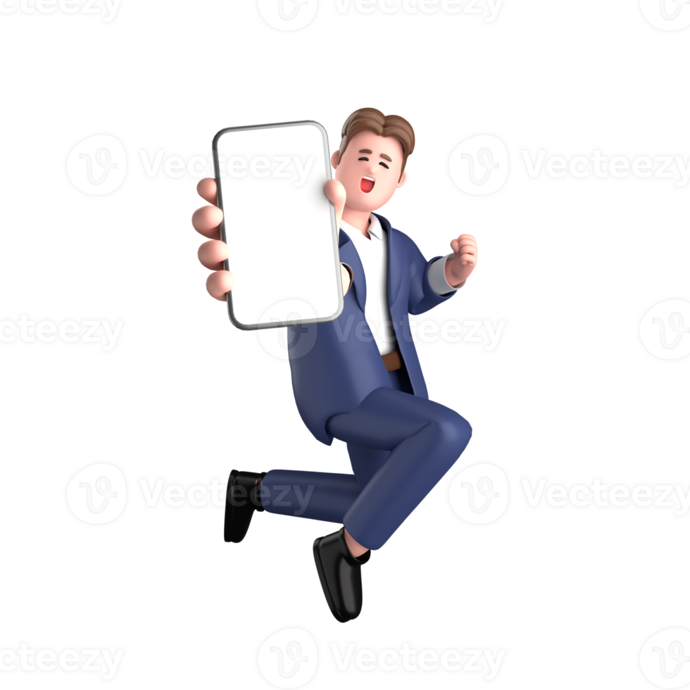 3d businessman executive pose wearing suit standing with blank screen mobile phone isolated on transparent background, 3d rendering png