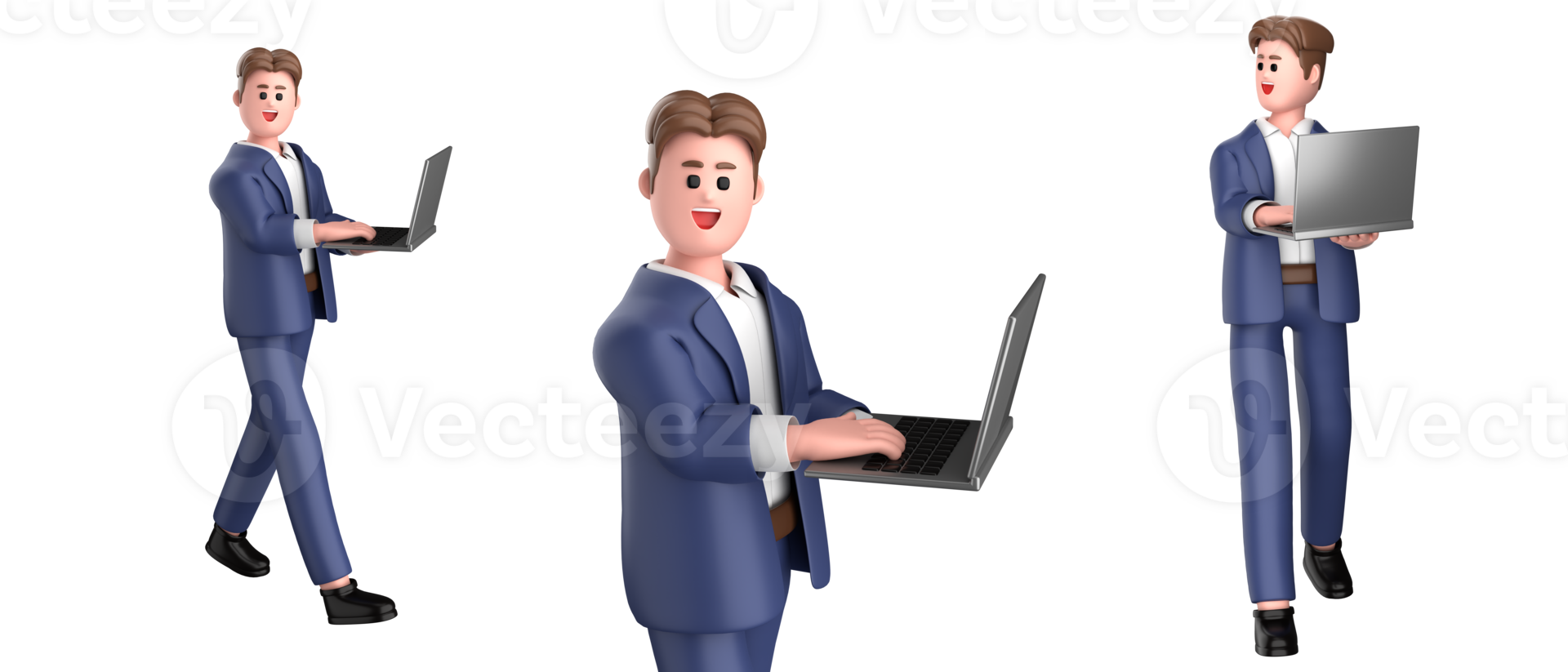 3d businessman executive  pose wearing suit standing holding a laptop pointing advertising isolated on white background, 3d rendering png