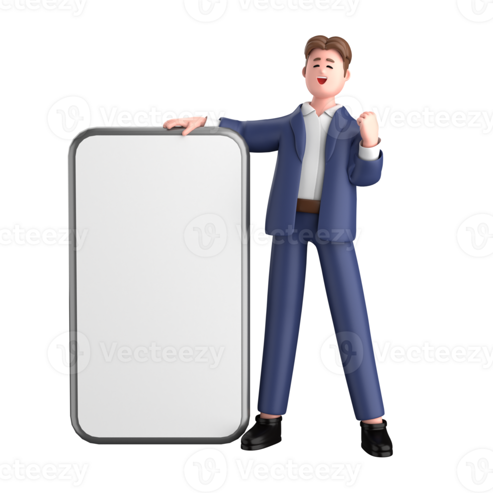 3d businessman executive pose wearing suit standing with blank screen mobile phone isolated on transparent background, 3d rendering png
